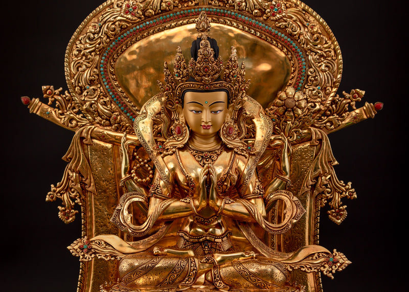 Four-Armed Chenrezig on Magnificent Throne | Traditionally Gold Gilded
