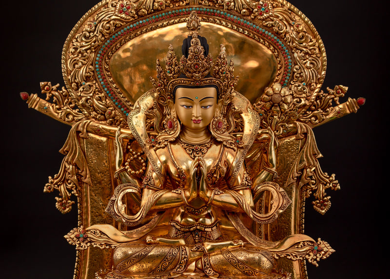 Four-Armed Chenrezig on Magnificent Throne | Traditionally Gold Gilded