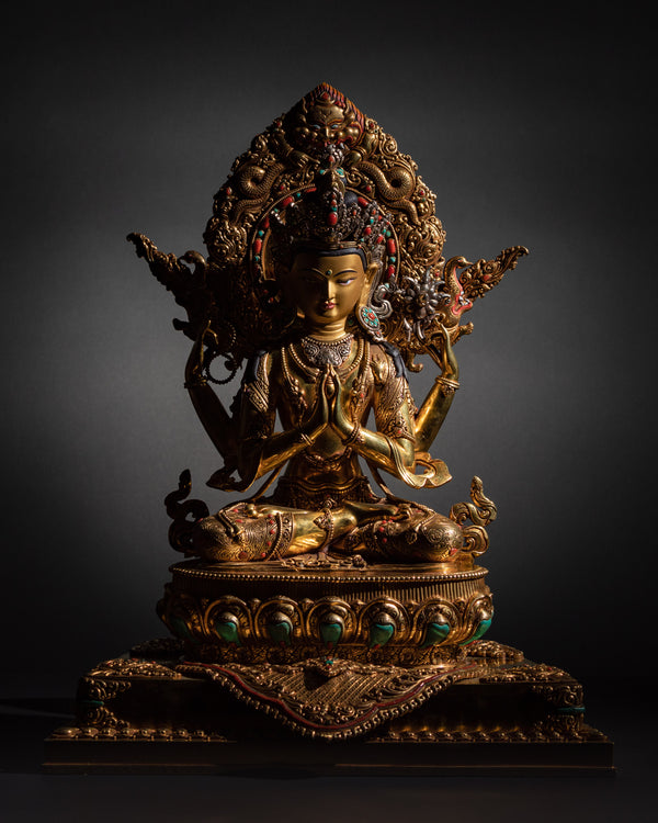 Four Armed Chenrezig Statue on Throne | Traditional Himalayan Art