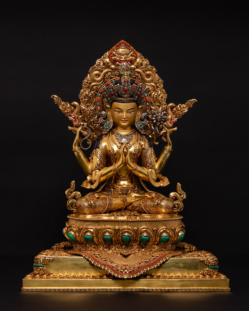 Four Armed Chenrezig Statue on Throne | Traditional Himalayan Art