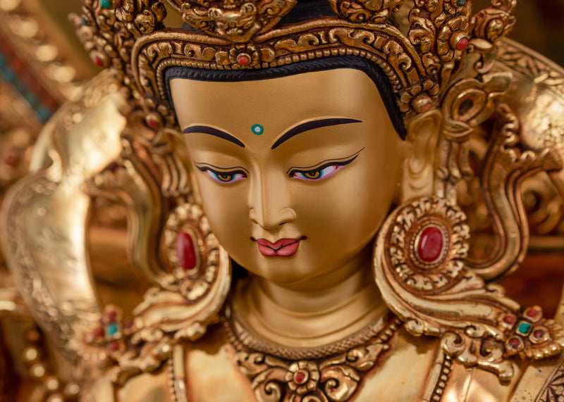Four-Armed Chenrezig on Magnificent Throne | Traditionally Gold Gilded