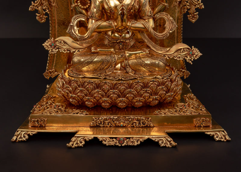 Four-Armed Chenrezig on Magnificent Throne | Traditionally Gold Gilded
