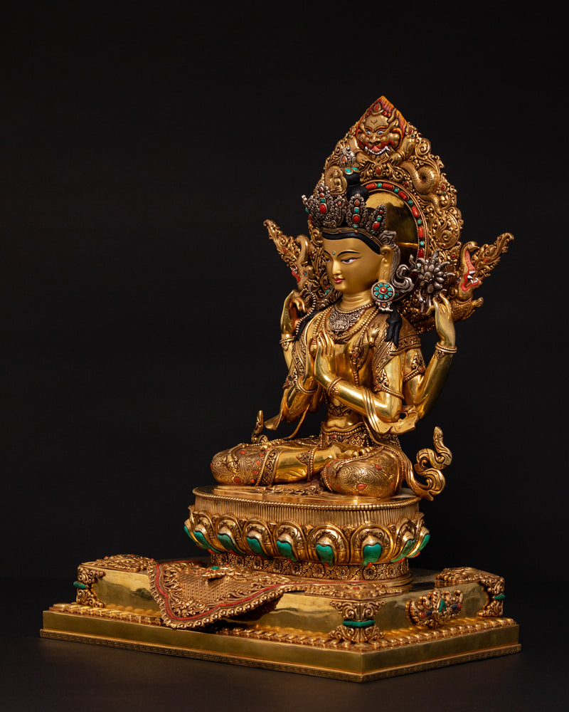 Four Armed Chenrezig Statue on Throne | Traditional Himalayan Art