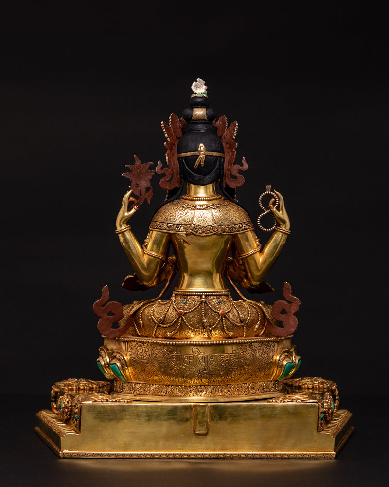 Four Armed Chenrezig Statue on Throne | Traditional Himalayan Art