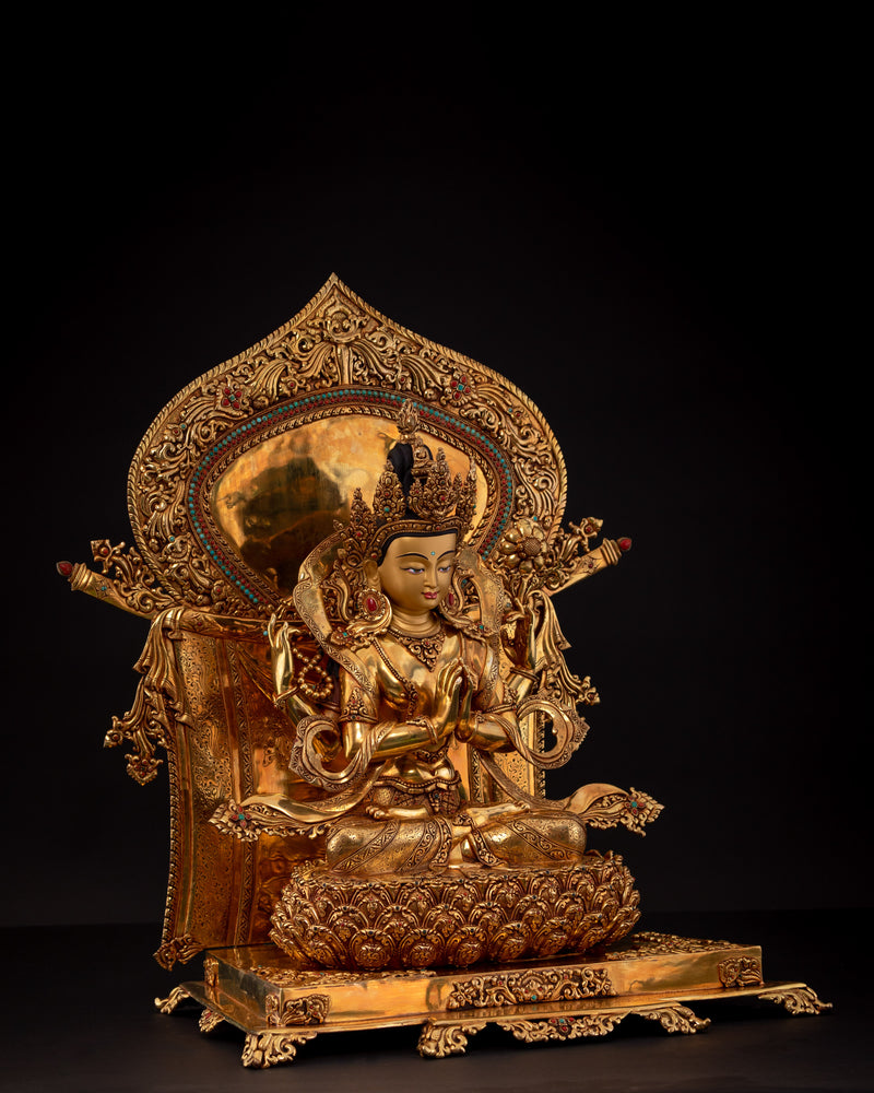 Four-Armed Chenrezig on Magnificent Throne | Traditionally Gold Gilded