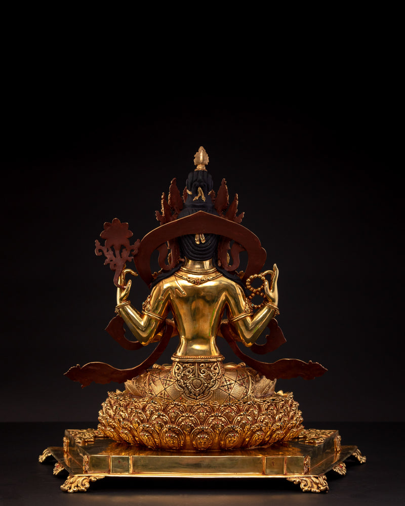 Four-Armed Chenrezig on Magnificent Throne | Traditionally Gold Gilded