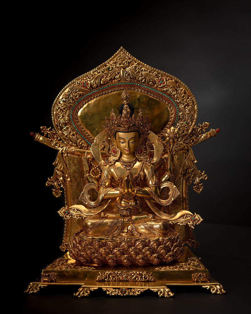 Four-Armed Chenrezig on Magnificent Throne | Traditionally Gold Gilded