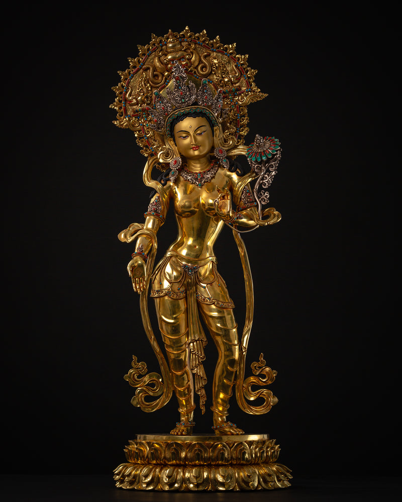 Standing Green Tara Statue | Fine Gold Gilded Himalayan Artwork