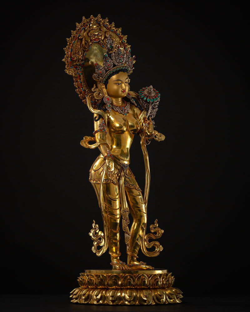 Standing Green Tara Statue | Fine Gold Gilded Himalayan Artwork