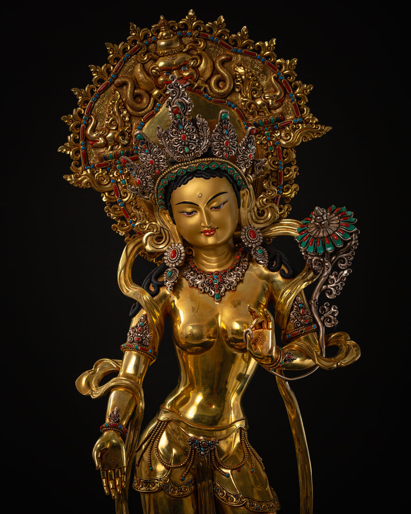 Standing Green Tara Statue | Fine Gold Gilded Himalayan Artwork