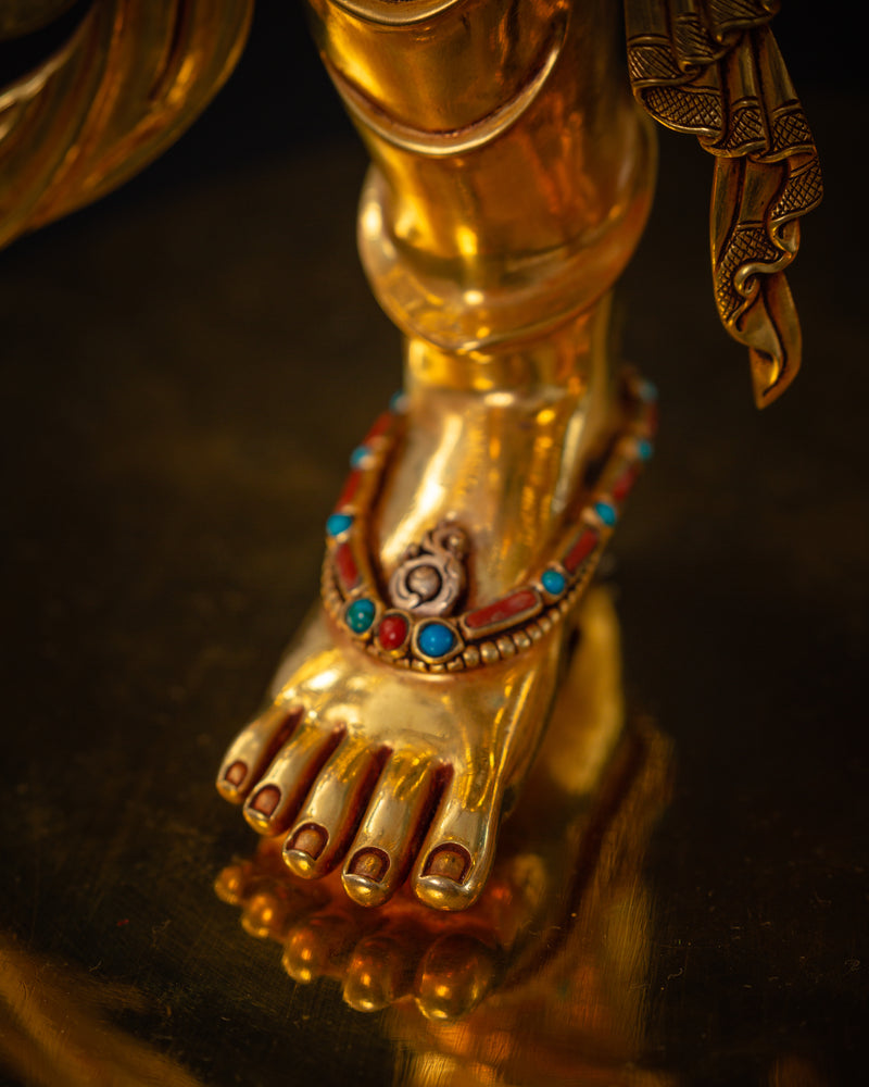 Standing Green Tara Statue | Fine Gold Gilded Himalayan Artwork