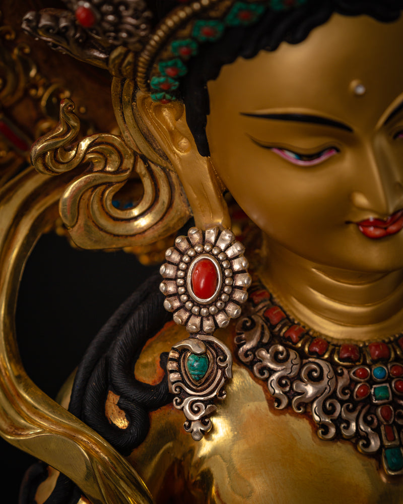Standing Green Tara Statue | Fine Gold Gilded Himalayan Artwork