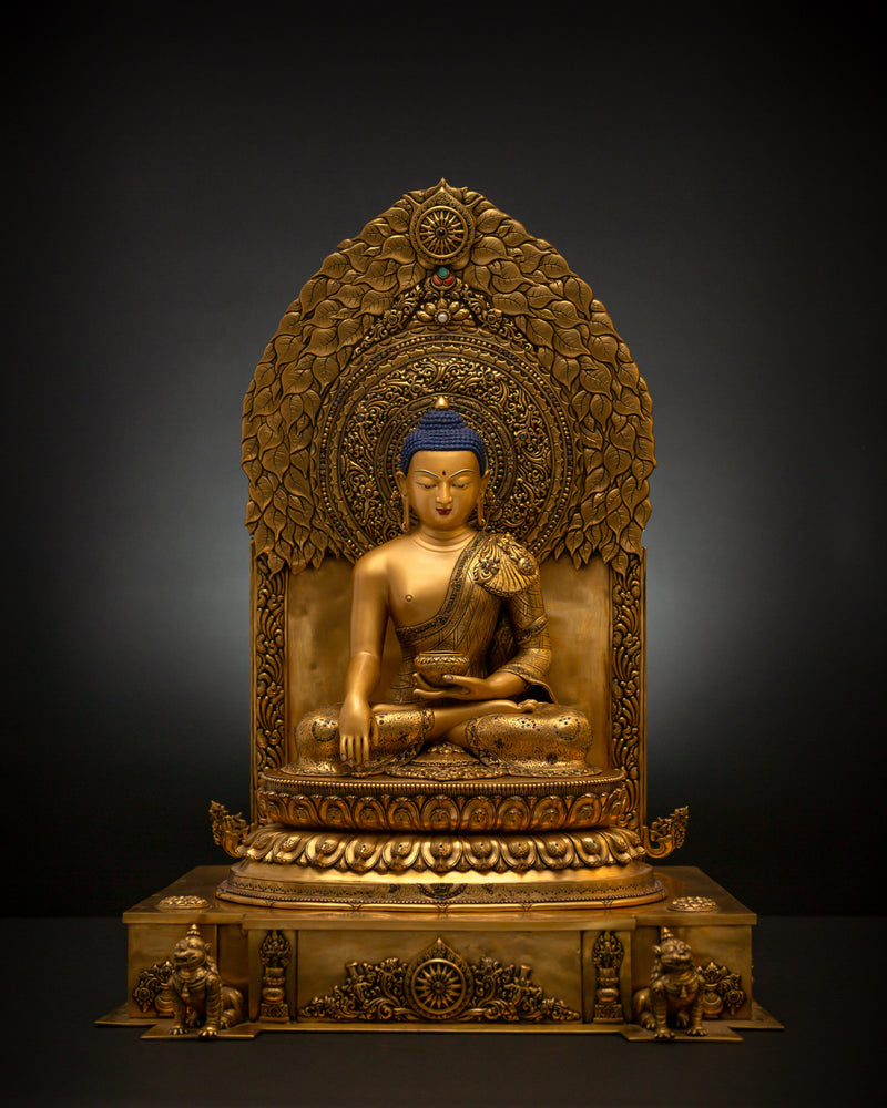 Shakyamuni Buddha Statue on Throne | Gilded in genuine 24k Gold