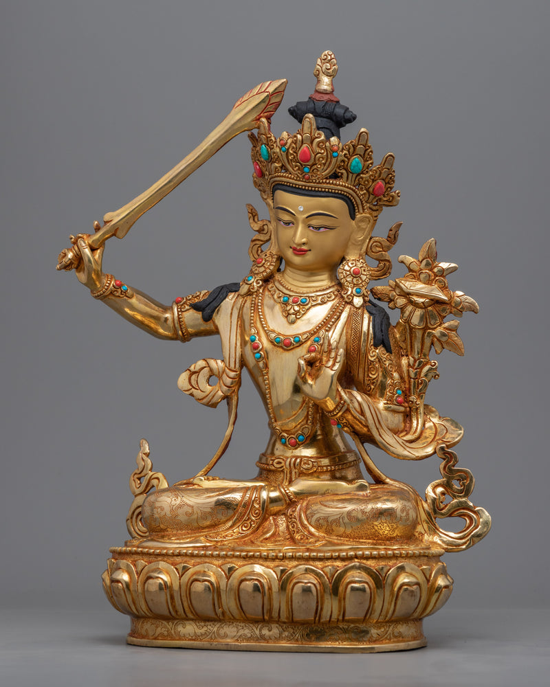Gold Gilded Manjushri Bodhisattva Statue | Traditional Handcrafted Buddhist Art
