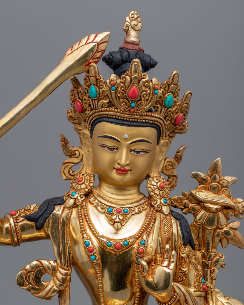 Gold Gilded Manjushri Bodhisattva Statue | Traditional Handcrafted Buddhist Art