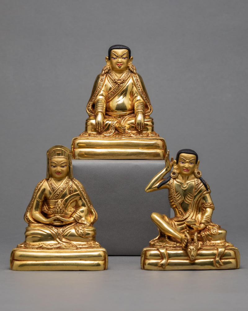 Three Great Kagyu Teachers Marpa, Milarepa, and Gampopa statues