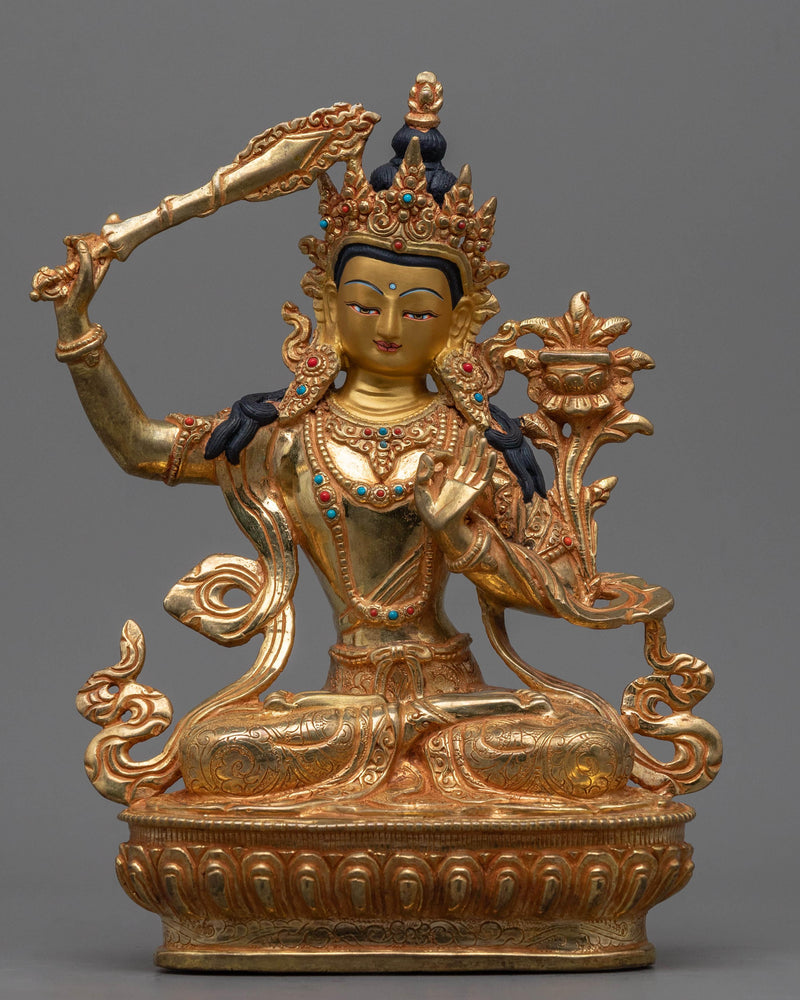 Gold Gilded Manjushree Statue with The Sword of Manjushri