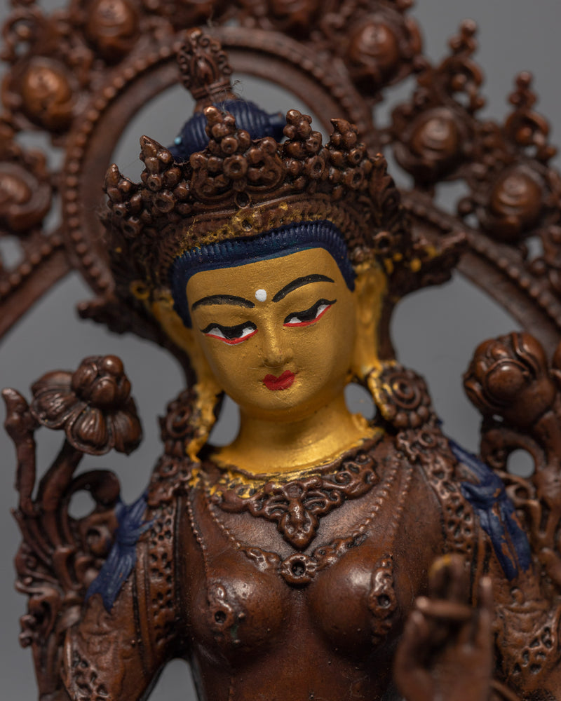 Goddess Female Buddha Statue | Gold Gilded Copper Body Miniature Green Tara Sculpture