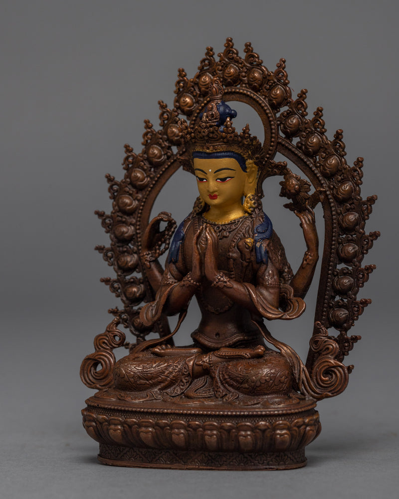 Gold Gilded Chenrezig Sadhana Sculpture | Bodhisattva Alovakiteshvara Miniature Art