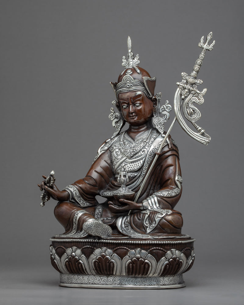 Buddha Guru Rinpoche Statue | Traditional Tibetan Art Plated with Silver