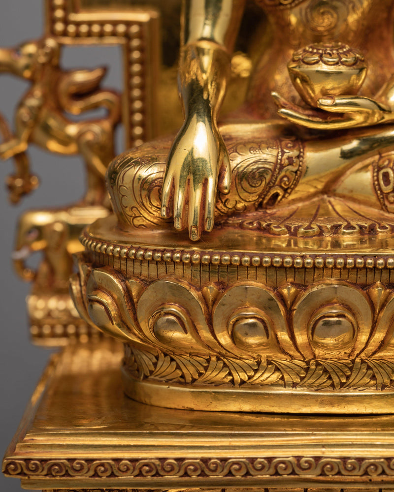 Shakyamuni Buddha With Throne | Tibetan Buddha Sculpture | Gold Plated Art