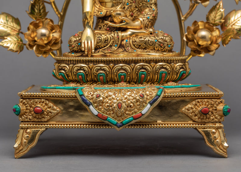 Buddha Shakyamuni Statue With Floral Throne | Gold Plated Statue