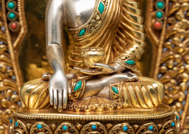 Shakyamuni Buddha Statue In Throne | Himalayan Buddhist Sculpture | Glided With Pure 24K Gold