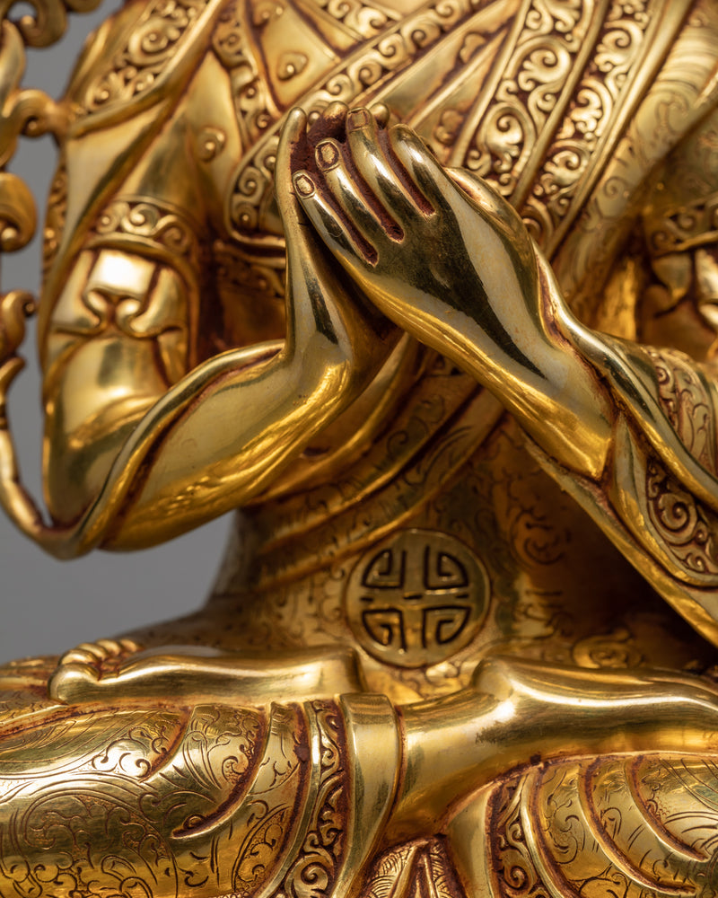 Tsongkhapa Traditional Handcrafted Statue, Tibetan Master's Beautiful Gold Statue