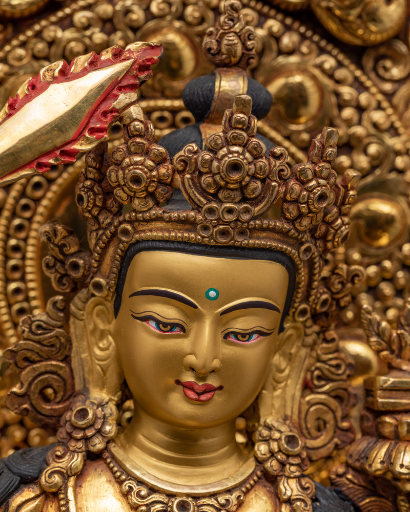 Manjushri Statue in Throne  | Himalayan Bodhisattva Statue | Plated With Pure 24K Gold