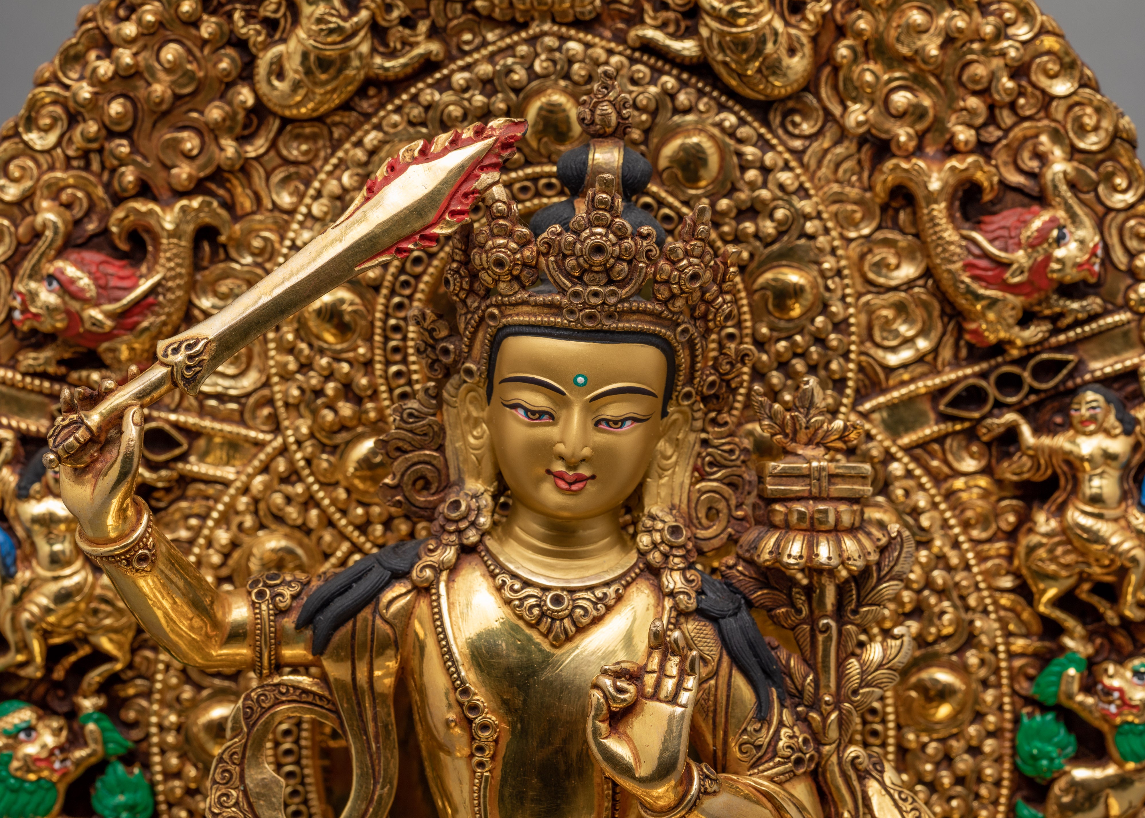 Manjushri Statue in Throne  | Himalayan Bodhisattva Statue | Plated With Pure 24K Gold