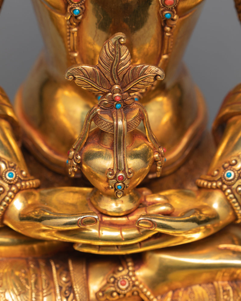 Beautiful Amitayus Buddha Statue, Gilded in Pure 24K Gold