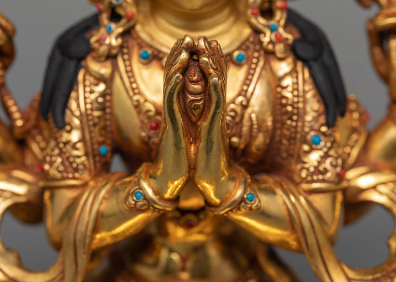 Tibetan Avalokiteshvara Statue | 24K Gold Hand Carved Chenrezig Art