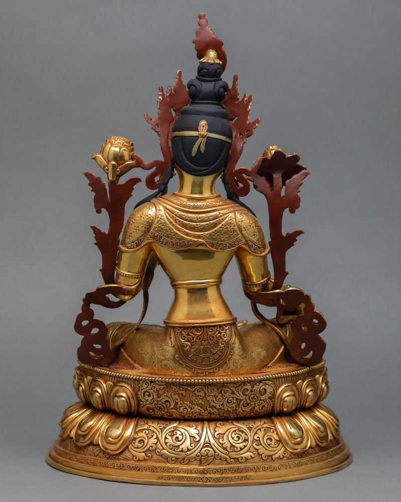 Green Tara Statue, Hand Carved Tara Statue, 24K Gold Gilded Tara