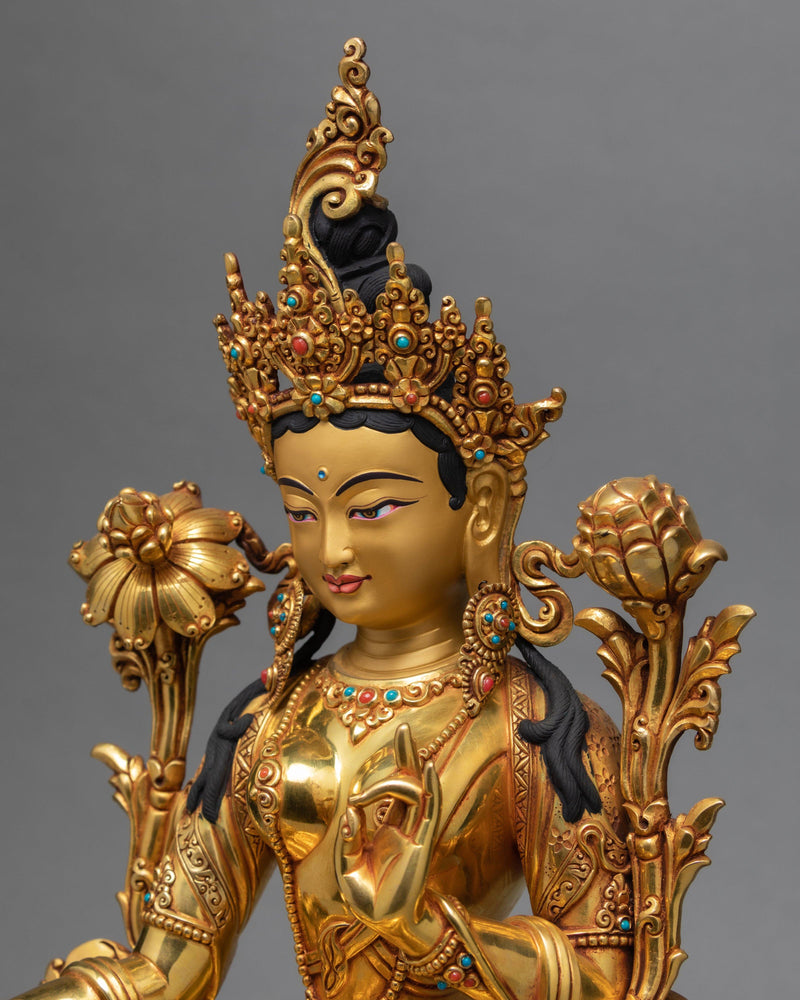 Green Tara Statue, Hand Carved Tara Statue, 24K Gold Gilded Tara