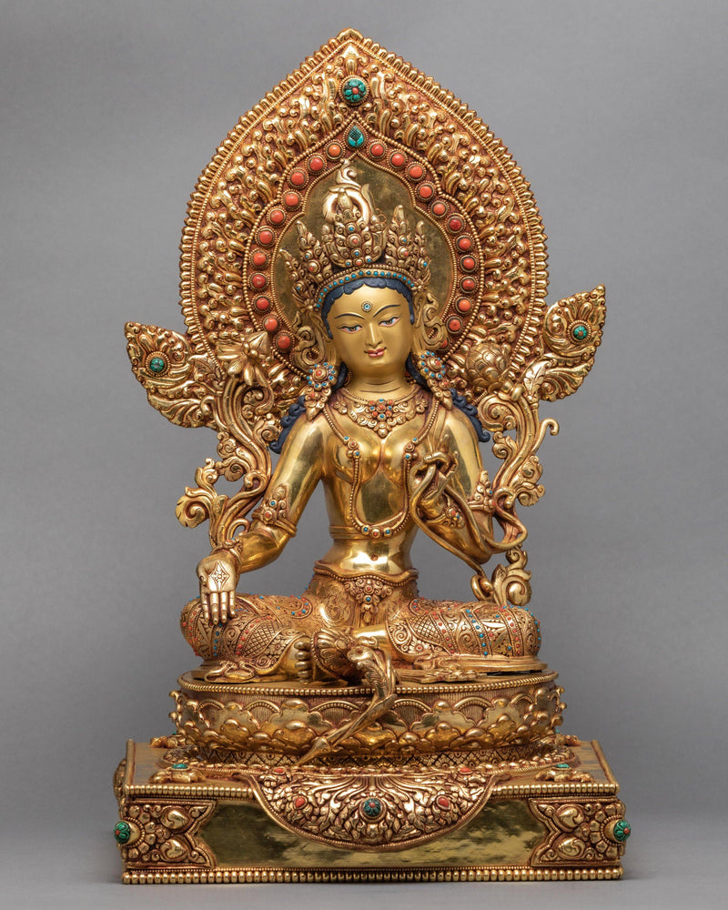 Green Tara Statue | Hand-made 24K Gold Gilded Art | Tara in Throne Statue