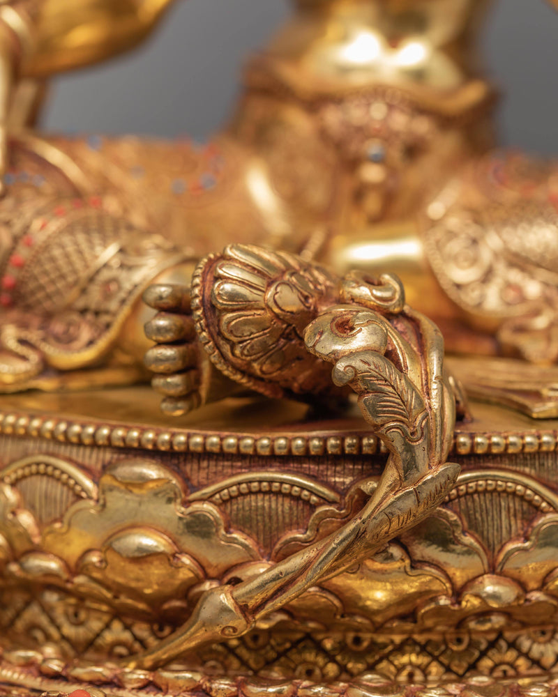 Green Tara Statue | Hand-made 24K Gold Gilded Art | Tara in Throne Statue