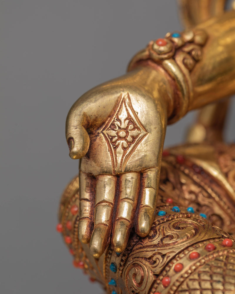 Green Tara Statue | Hand-made 24K Gold Gilded Art | Tara in Throne Statue