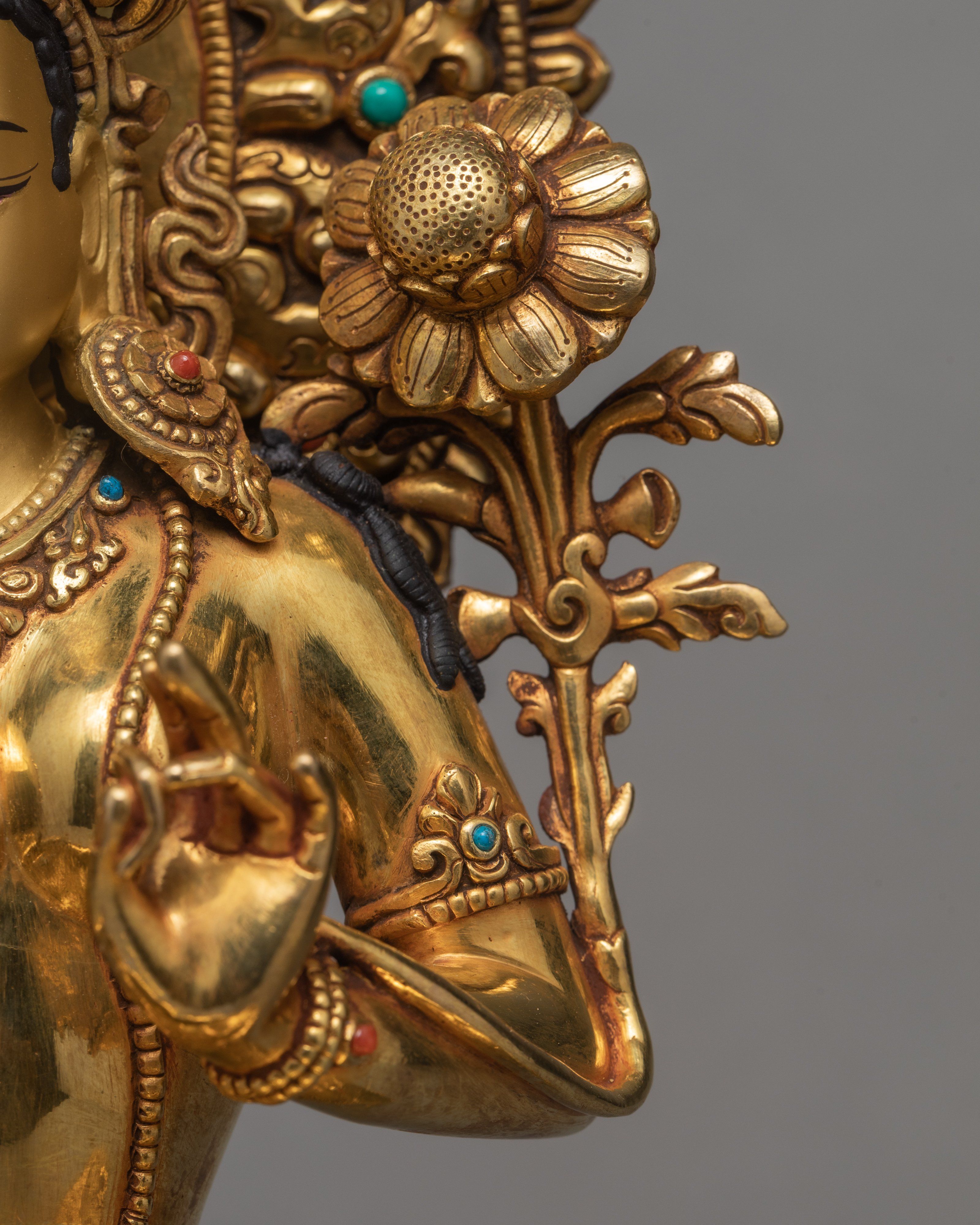 Green Tara Statue, Tara in Throne Statue, Hand-made and  24K Gold Gilded Art