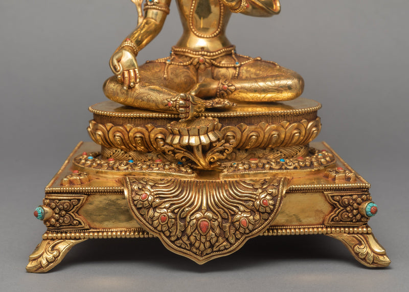 Green Tara Statue, Tara in Throne Statue, Hand-made and  24K Gold Gilded Art