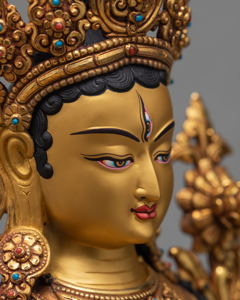 Mother White Tara, 24K Gold Plated Statue, Traditionally Hand Carved Tara