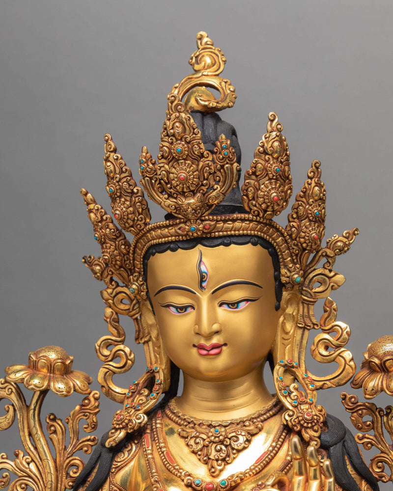 White Tara, Traditionally Hand Carved Tara, 24K Gold Plated Statue